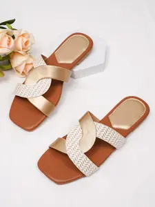 Women's Gold Block Braided Strap Flat Sandals, Summer Open-Toe Slip-On Cool Slippers, Beach Vacation Casual Shoes