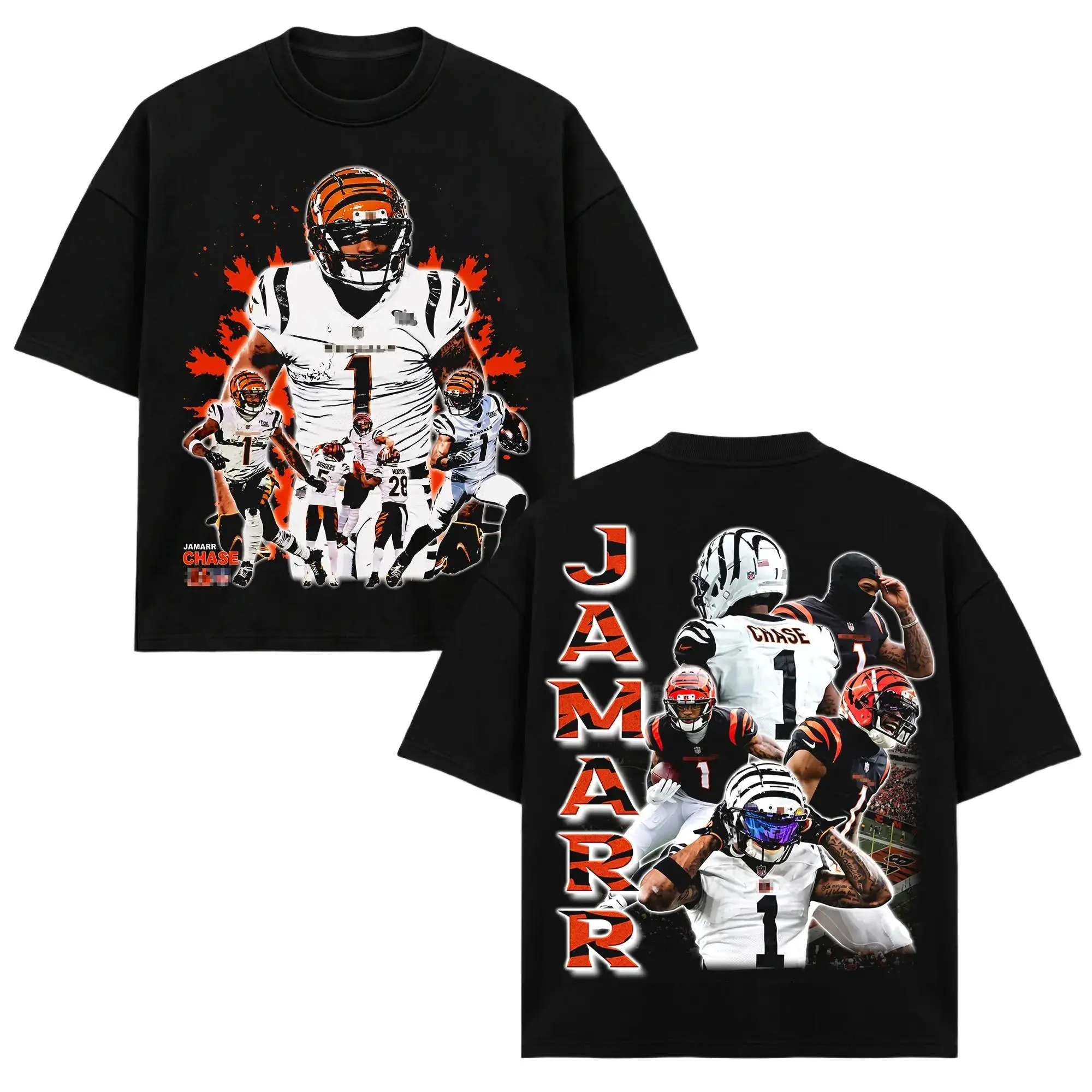[Sale Up To 50%] Unisex Ja'Marr Chase # 1 T-Shirt, CIN Football Wide Receiver Tee, CIN Number 1 Merch, Tiger Stripe JAMARR Back Print Apparel, Wide Receiver Retro 90s Bootleg Sports Wear, Football Fan Heritage Gift, Men Women Heavyweight Oversized Clothin