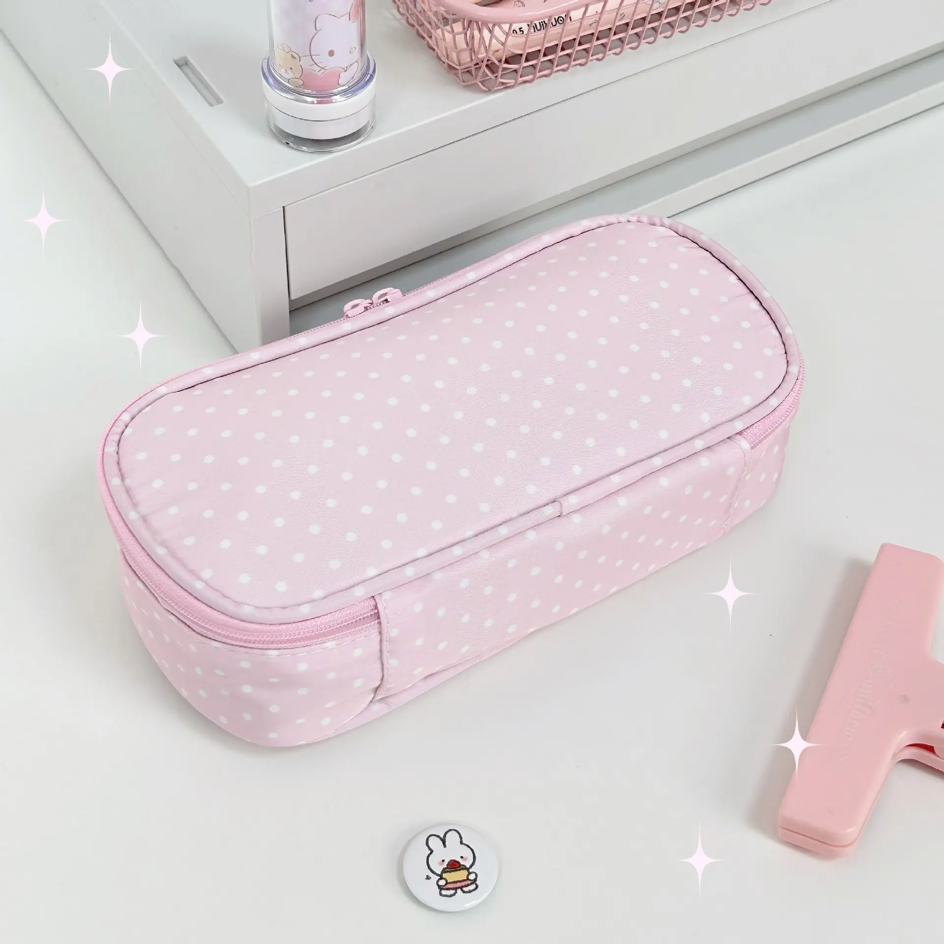 Girls' Light Blue Polka Dot Zipper Closure Pencil Case - Soft Fabric Stationery Pouch For School, Travel And Daily Use - Cute Korean, Back To School