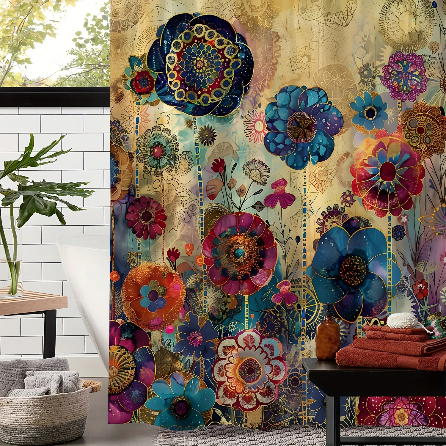 1pc Vintage Creative Mandala Green Plant Floral Print Shower Curtain, Window Curtain with 12 Hooks Curtain for Windows
