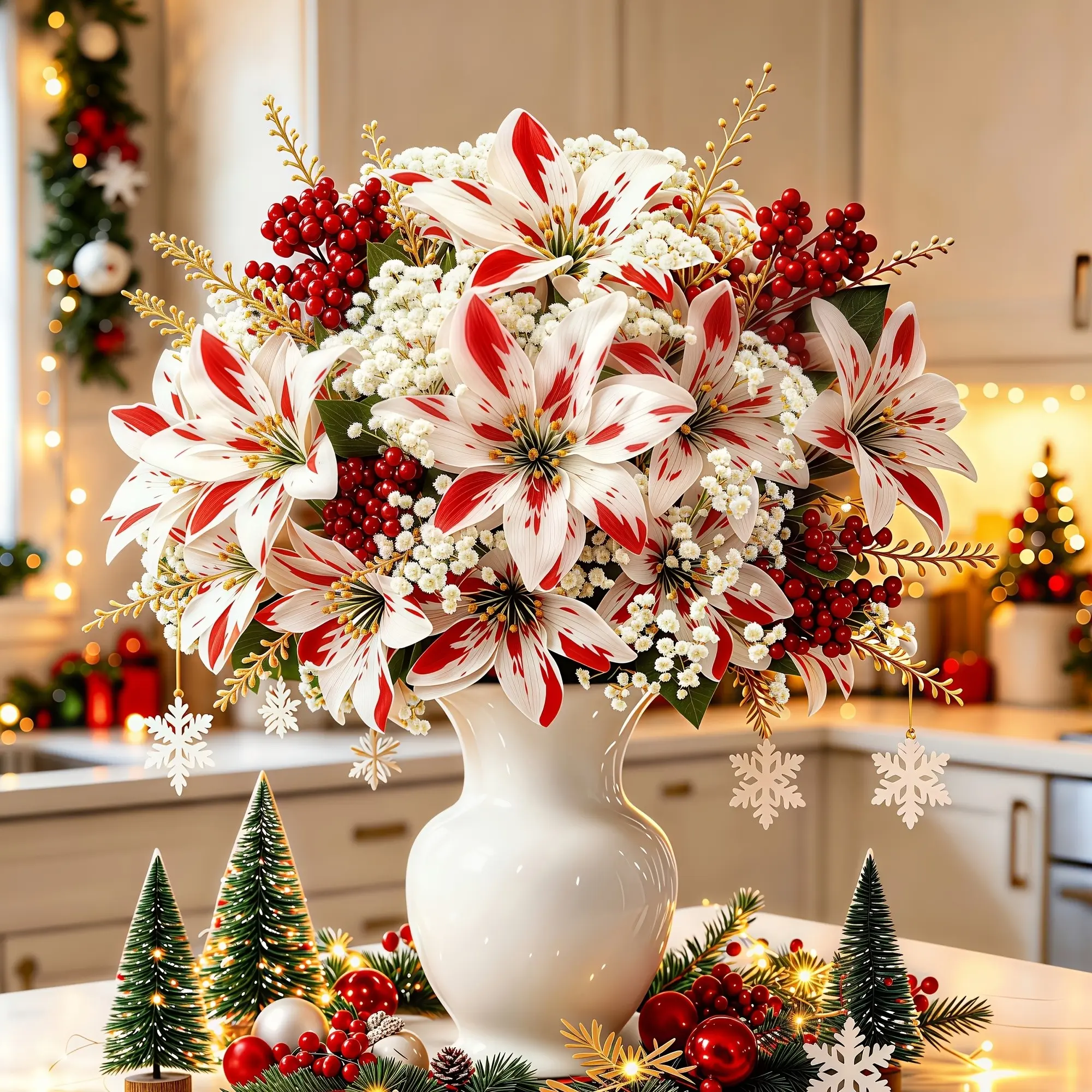 7-Piece Christmas Poinsettia Artificial Flower Bouquet, Starry Sky Decor, Holiday Floral Set, Fireplace, Stair Railing, Table, Vase, Balcony, Stage Background, Halloween Decoration