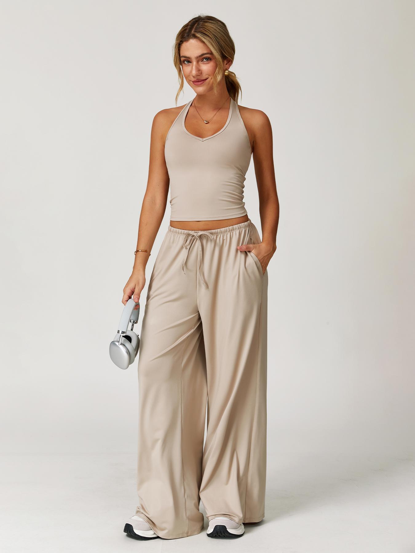 Women's Solid Halter Neck Top & Wide-Leg Pants Sports Set, Casual Sleeveless Top & Pants for Daily Outdoor Wear, Ladies Activewear Set for Tennis and Running, Workout Clothes, Breathable Activewear, Yoga Gym Outfits