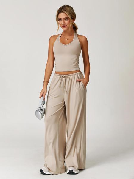 Women's Solid Halter Neck Top & Wide-Leg Pants Sports Set, Casual Sleeveless Top & Pants for Daily Outdoor Wear, Ladies Activewear Set for Tennis and Running, Workout Clothes