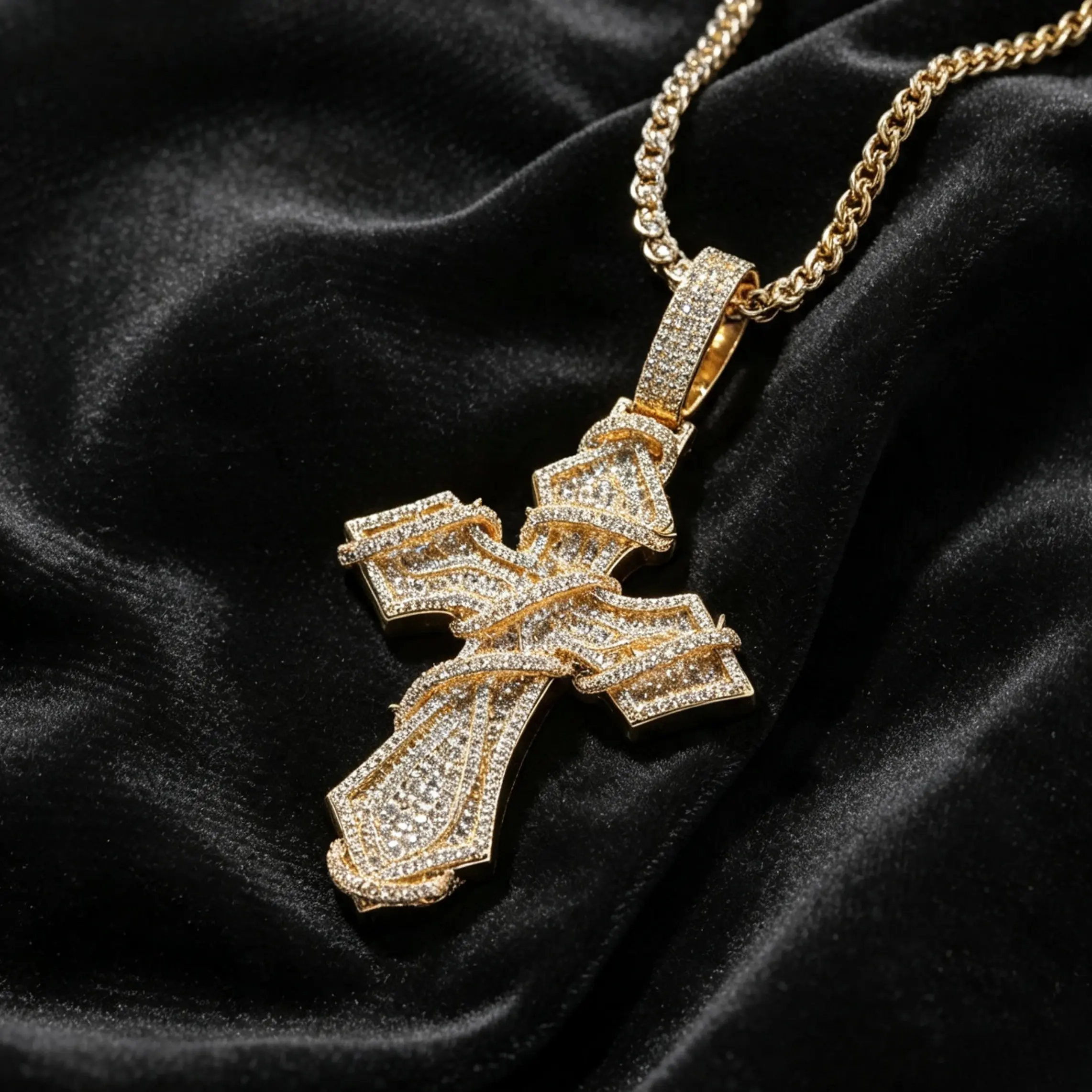 Loveden Iced Full Pave Cross Pendant Necklace for Men, Matching 3mm Silver Twisted Rope Chain, Hip Hop Religious Bling Street Jewelry, Suitable for Club & Party Outfits, Perfect Birthday Valentine Christmas Gift for Boyfriend, Him, Hip Hop Fans and Street