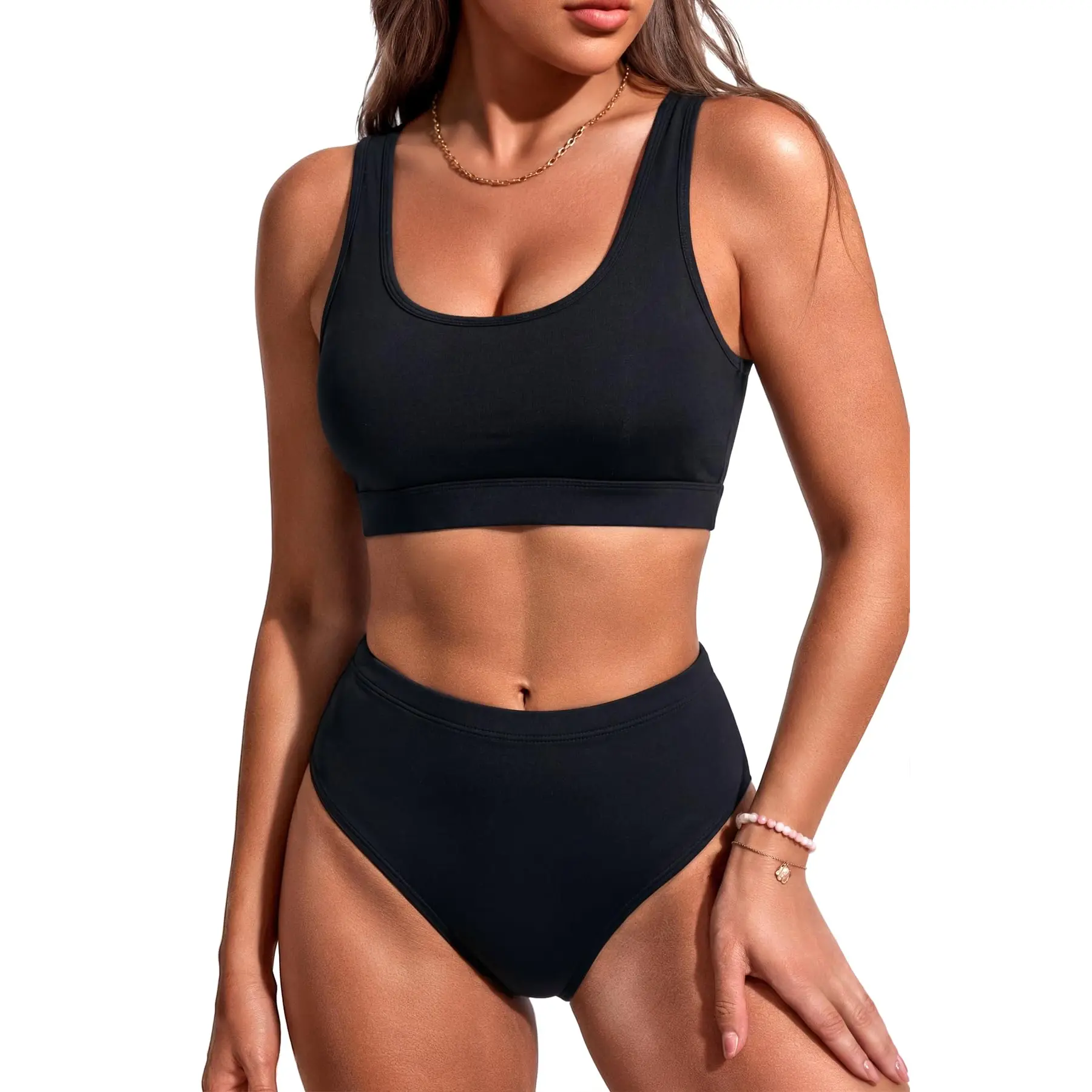 Tempt Me Women Two Piece Scoop Neck Bikini Crop Top High Cut Swimsuit Sporty High Waisted Bathing Suit with Bottoms