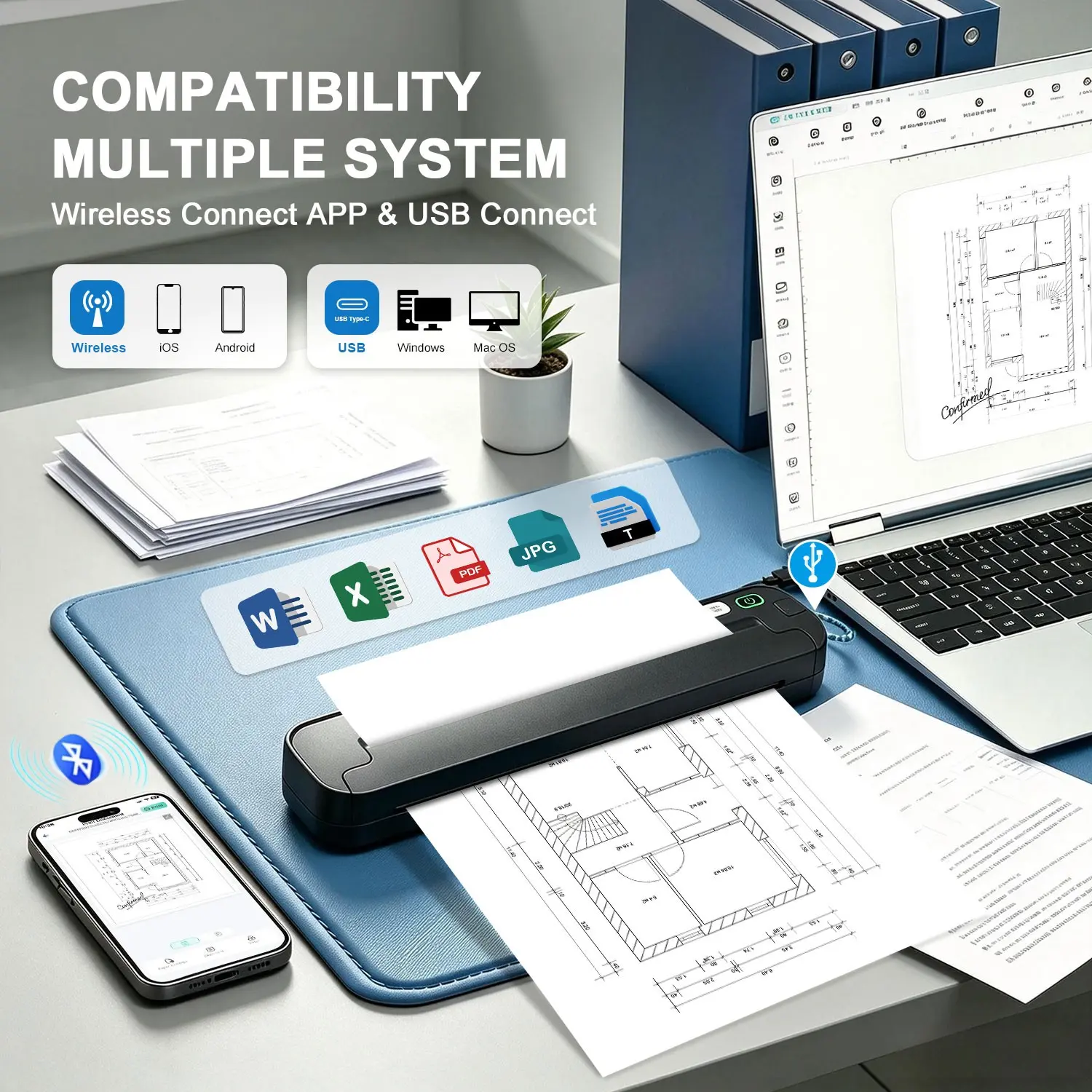 A4 Portable Thermal Printer with Auto Paper Feed, Wireless Bluetooth-compatible, Inkless, Ideal for Tattoo Stencils & Daily Docs
