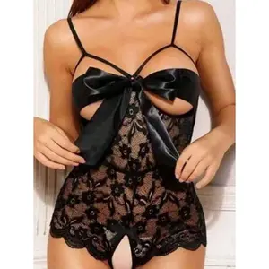 1pc Women's Lingerie Lace See-Through See-Through Open Crotch Bodysuit, Baddie Look