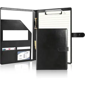 Faux Leather Professional Portfolio Binder with Clipboard, Multi-Pocket Padfolio Organizer for Resume Interview Business Conference, Fits A4 Letter Size Notepad Legal Pad Holder (Black)