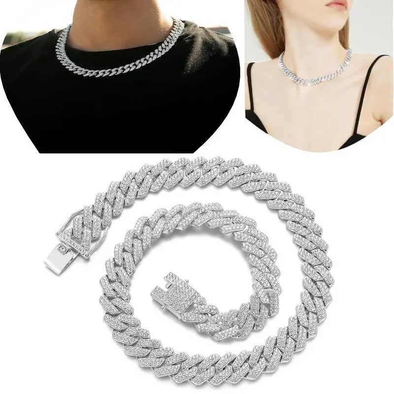 Cuban Link Chain, 14mm Wide 45cm Long Iced Out Silver Rhinestone Necklace for Men, Durable Fashion Accessory, Cubic Zirconia Necklaces, Hip Hop Jewellery for Daily Wear & Parties Gifts, Iced Out Necklace