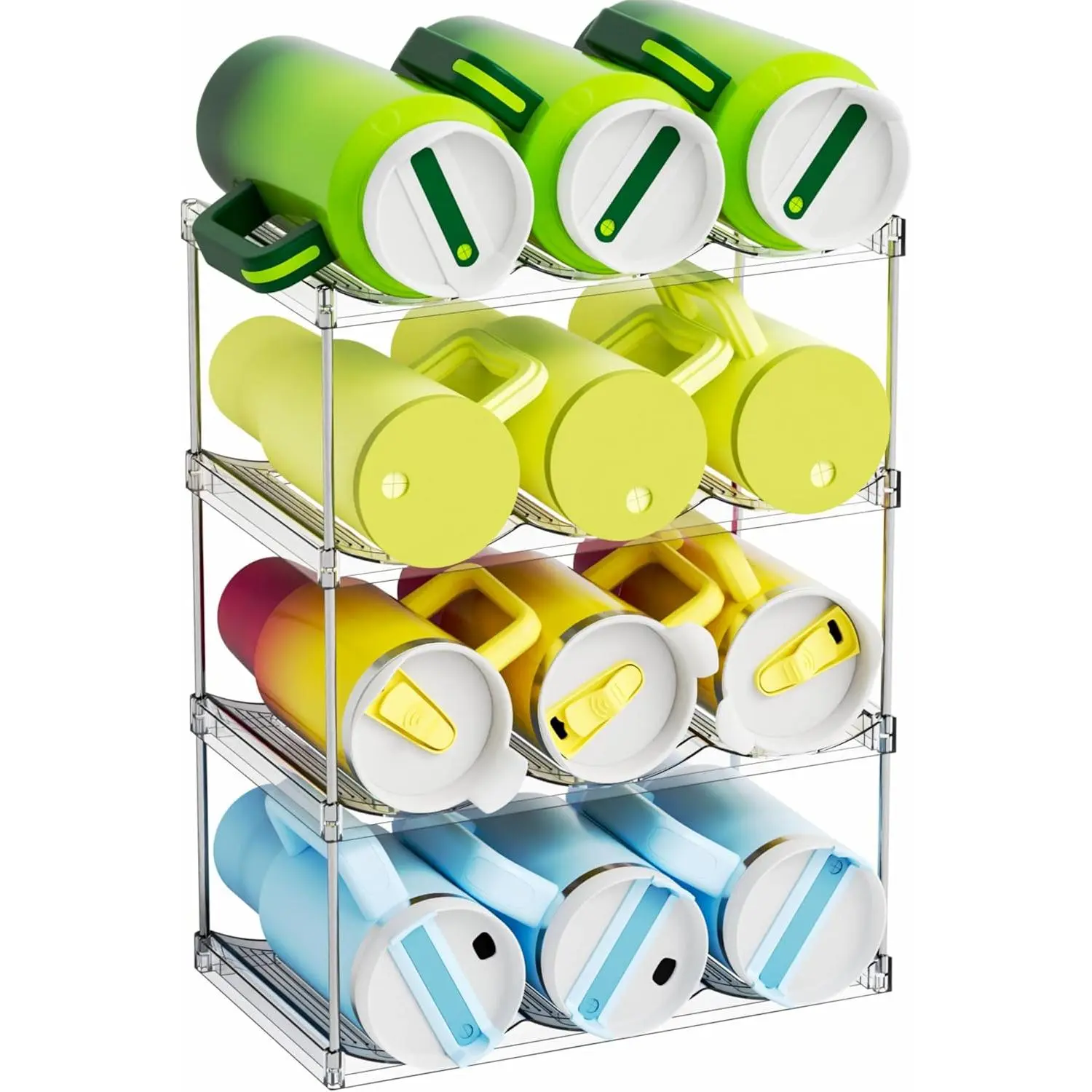 Larger Compartments Stackable Water Bottle Organizer for 40 oz Stanley Cup Holder,Yeti and Other Tumbler Organizer,4 Tier Wine Rack and Waterbottle Storage Rack for Kitchen Cabinets,Countertop