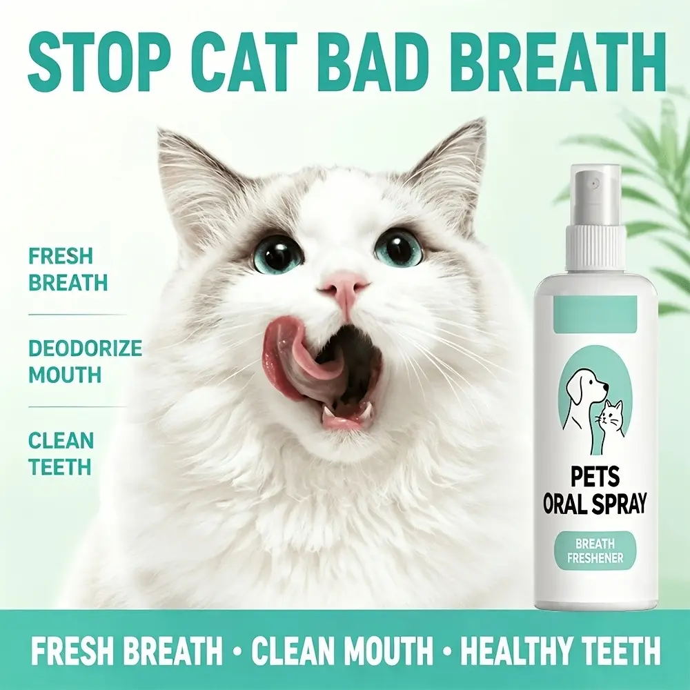 Pet Breath and Tartar Removal Spray - Teeth whitening and oral care for small pets like cats and dogs. Instantly freshens breath, gently cares for gums, no brushing required, easy-to-use formula.