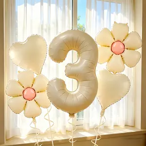 32inch Cream White Number Balloon 3 Digital Balloon with 18inch Daisy Balloons and heart balloons with white ribbon total 6pcs for 3rd birthday anniversary wedding bridal shower graduation party decorations