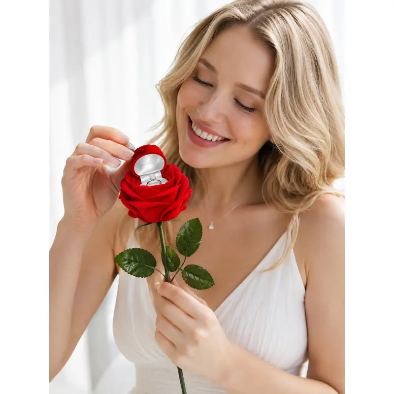 Red Rose Flower Stem Ring Storage Box, Dustproof Storage Box, Romantic Artificial Rose Jewelry Box with Hidden Ring Holder, Velvet-Look Bloom Gift Box for Proposal, Engagement, Wedding Ceremony, Valentine is Day, Anniversary, Christmas, Birthday