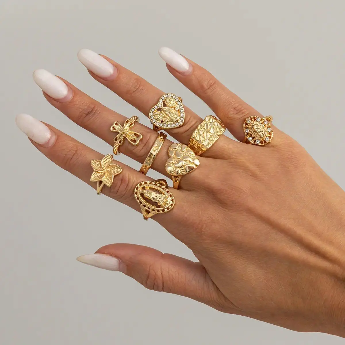 8 Pcs Y2K Aesthetic Gold Ring Set for Women, Vintage Stackable Chunky Layering Rings with Cross, Heart, Virgin Mary & Pavé CZ Accents, Adjustable Boho Chic Statement Jewelry for Everyday Outfits, Festival, Date Night, Vacation & Gifts