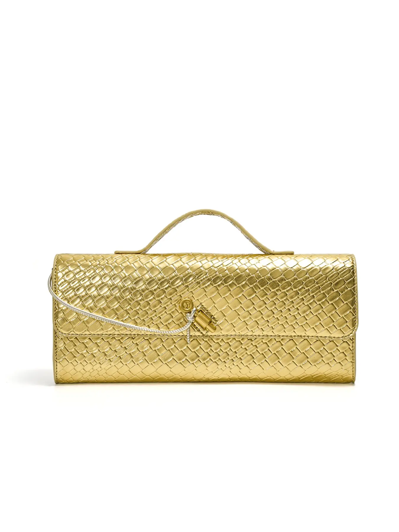 Luxury Metallic Gold Snake Print Long Clutch Bag Baguette Bag, Vintage Lock Handle Evening Purse with Thin Crossbody Strap for Wedding Party Prom,Premium Glossy Gold Long Handbag, Designer Mini Top Handle Shoulder Crossbody Bag for Formal Occasions