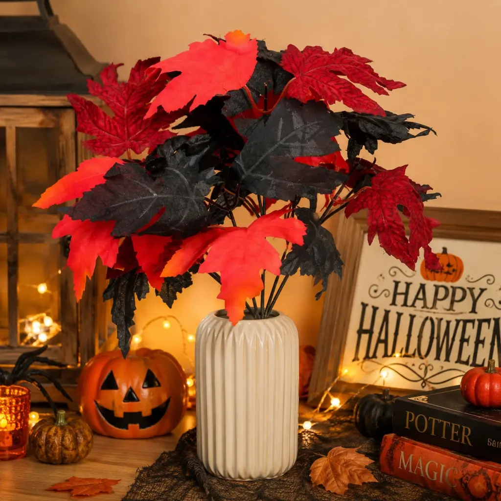 Single Block Maple Leaf Bouquet, Vintage Autumn Dark Style, Durable Artificial Plant, Halloween Floral Decoration