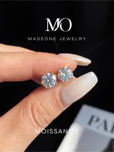 1 Pair Elegant Four Prong Copper Stud Earrings with 2.0ct Synthetic Moissanite for Women Party Fine Jewelry Gift