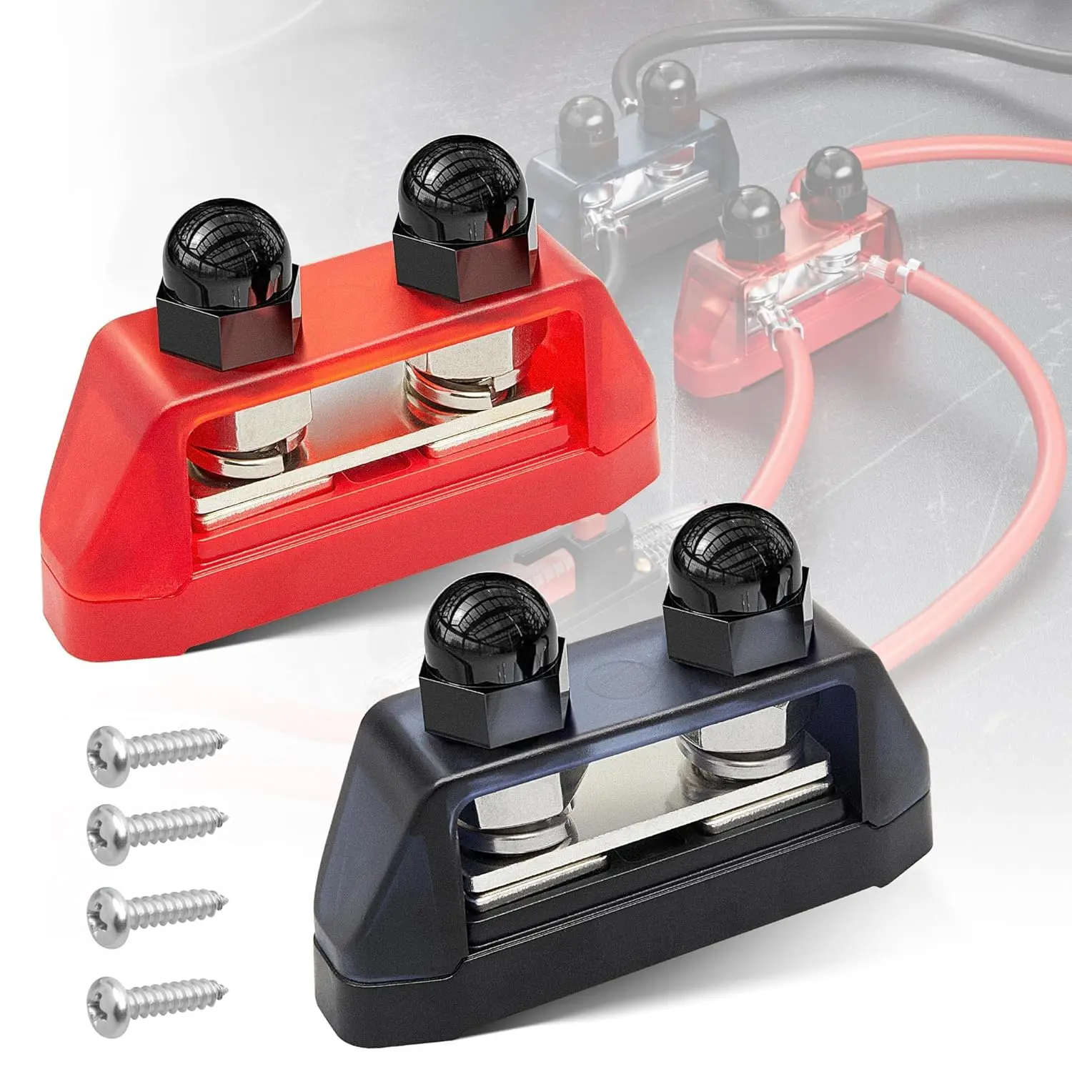 2PCS 5/16" M8 Dual Stud Bus Bar 12-48V Power Distribution Block Holder 150A DC MAX, Battery Terminal Junction Dual Power Stud Busbar for Car Marine Boat Red & Black w/Screws