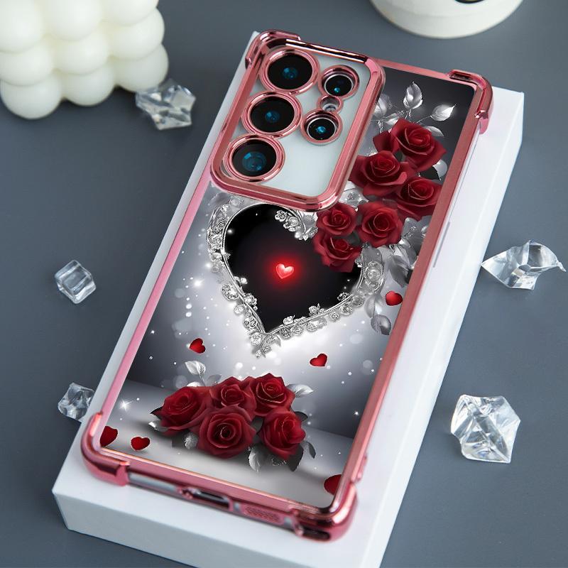 Heart Rose Pattern Phone Case for iPhone 17 Pro Max 16 15 Plus 14 13 12 11 Pro, Four Corners Airbags Shockproof Transparent Soft Back Casing