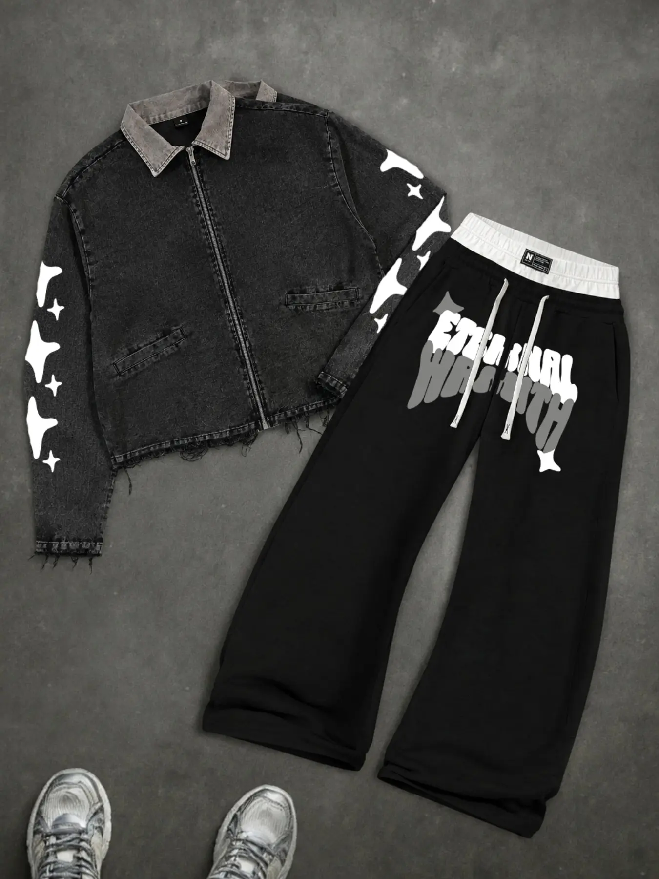 Men's Y2K Retro Streetwear Set, Washed Denim Jacket with Star Graffiti, Loose Sweatpants, Casual Fitted Style, Spring Fall