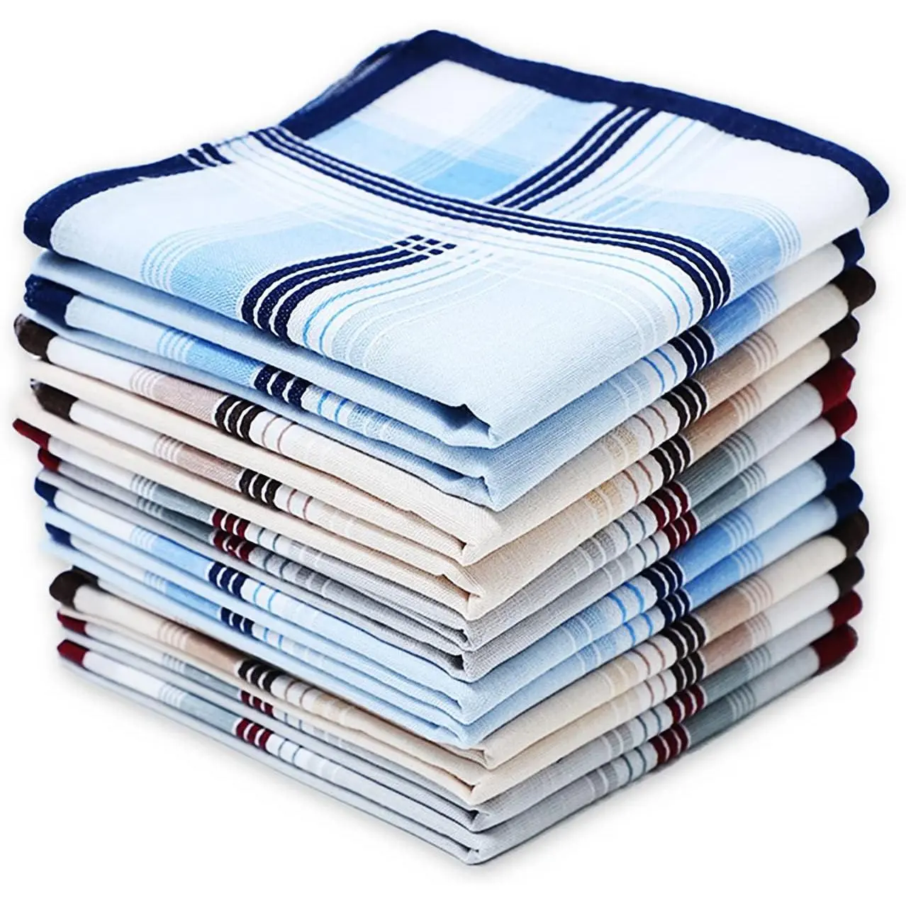 Men's Soft Cotton Handkerchiefs, 12 Pack Large Size in Assorted Colors, Striped & Elegant Patterns, 16 x 16 Inch