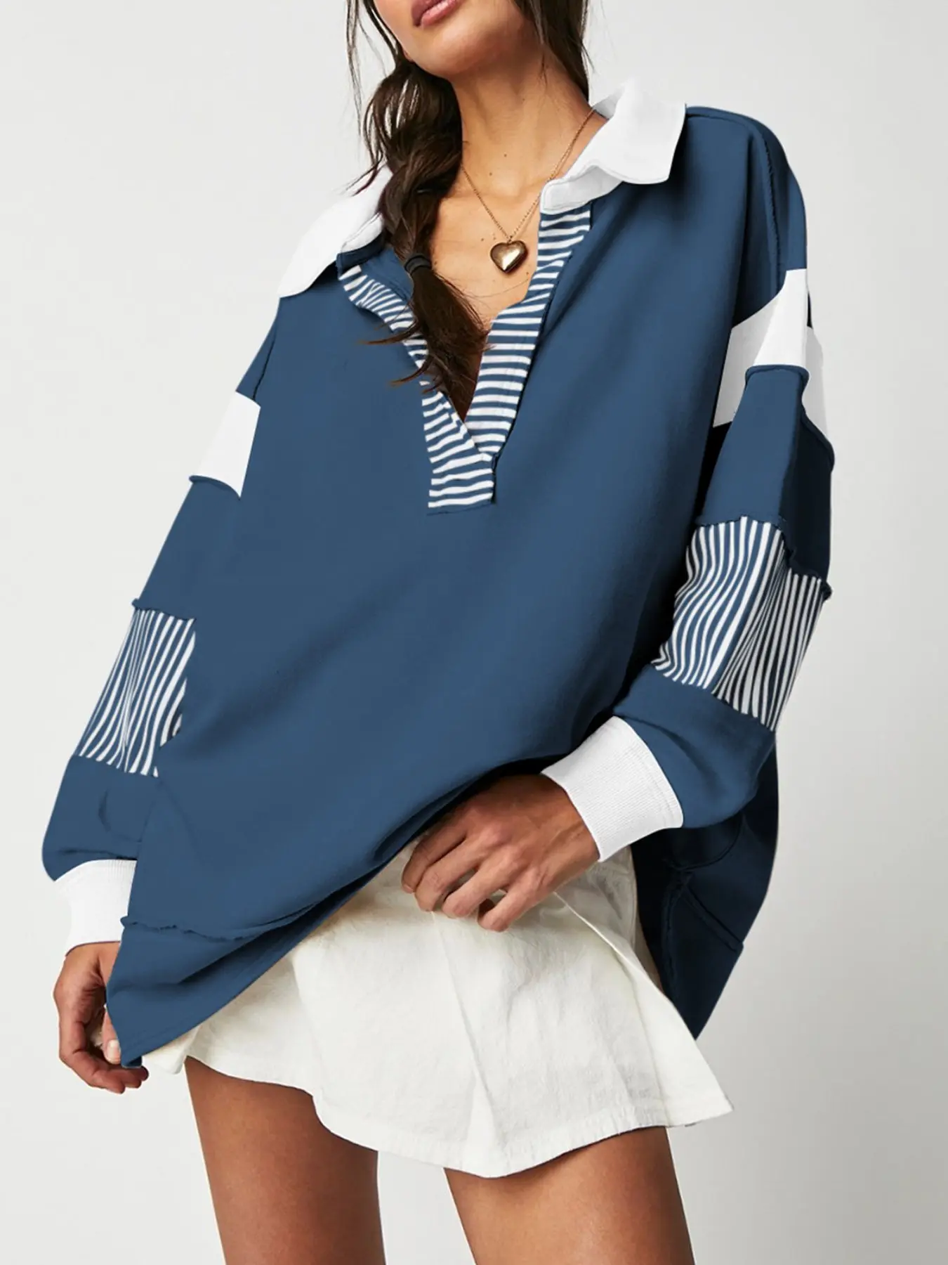 Women's Striped Patchwork V-Neck Sweatshirt, Colorblock Long Sleeve Loose Fit Top, Boho Style Spring & Fall Apparel