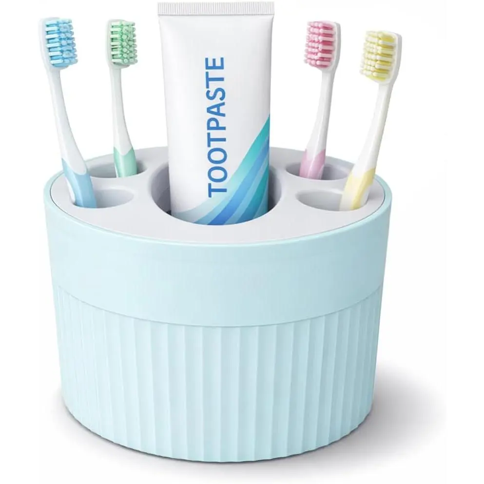Modern Minimalist Compact Synthetic Bathroom Countertop Toothbrush Holder, Lightweight Multi-Slot Organizer with Drainage, Detachable Design, Non-Slip Base (1, Blue) for Home Decor