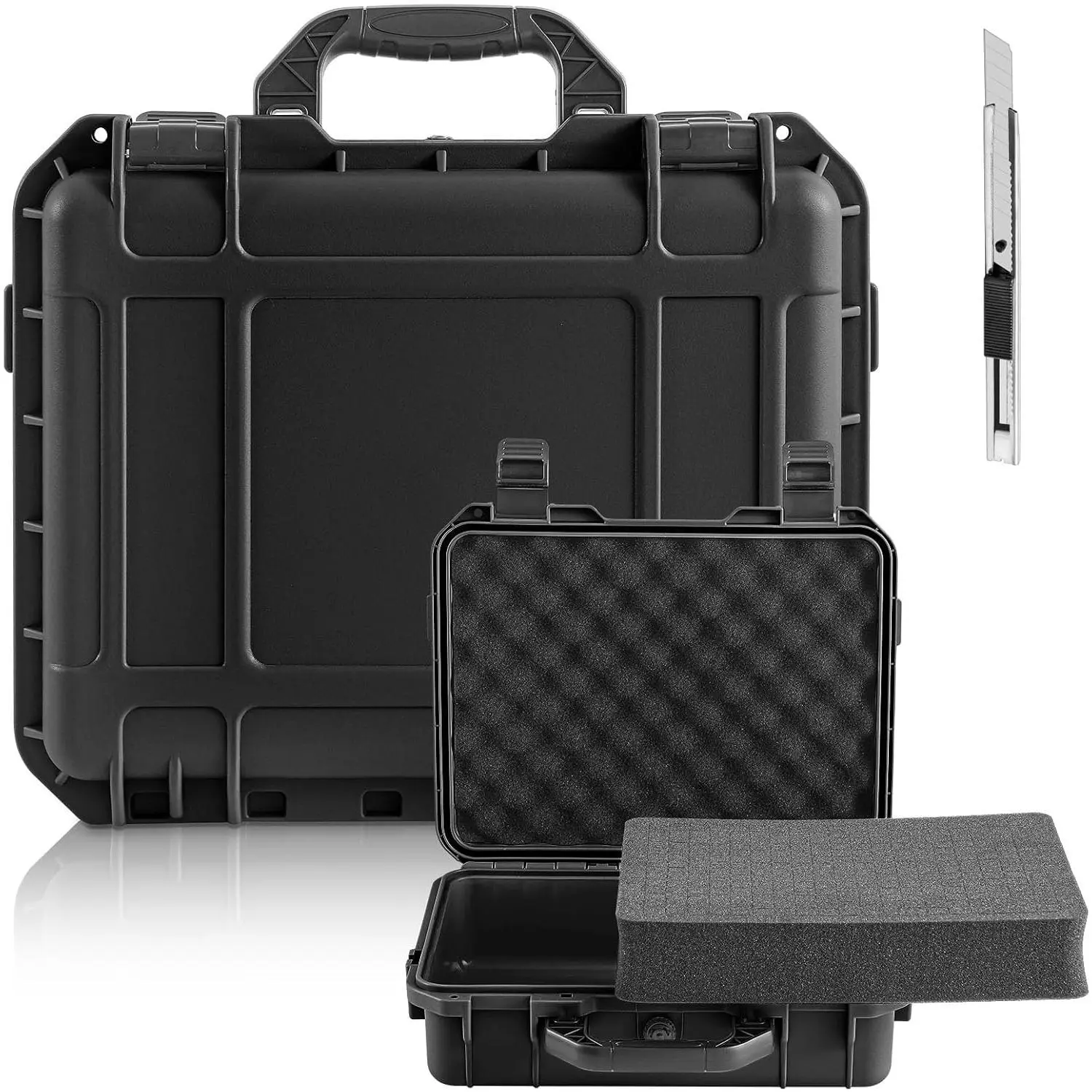 1 Pcs Waterproof Hard Case with DIY Customizable Foam Insert Portable Protective Case with Knife for Camera Drones Equipments Tools Test Instruments(Black,14.3 x 11.4 x 4.5 Inch)