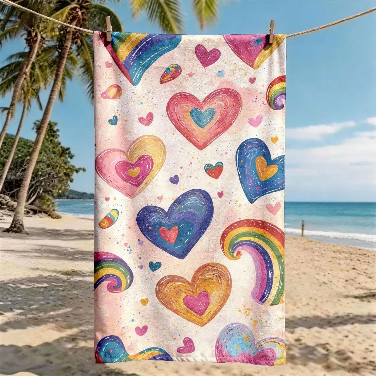 "Rainbow Hand-Painted Hearts" Theme Beach Towel, Oversized, Quick Dry & Ultra-Soft Polyester, Ideal for Travel, Swimming, Camping, Fitness and Beach Vacations, Machine Washable, 2D Flat, The Perfect Gift for Friends and Family.