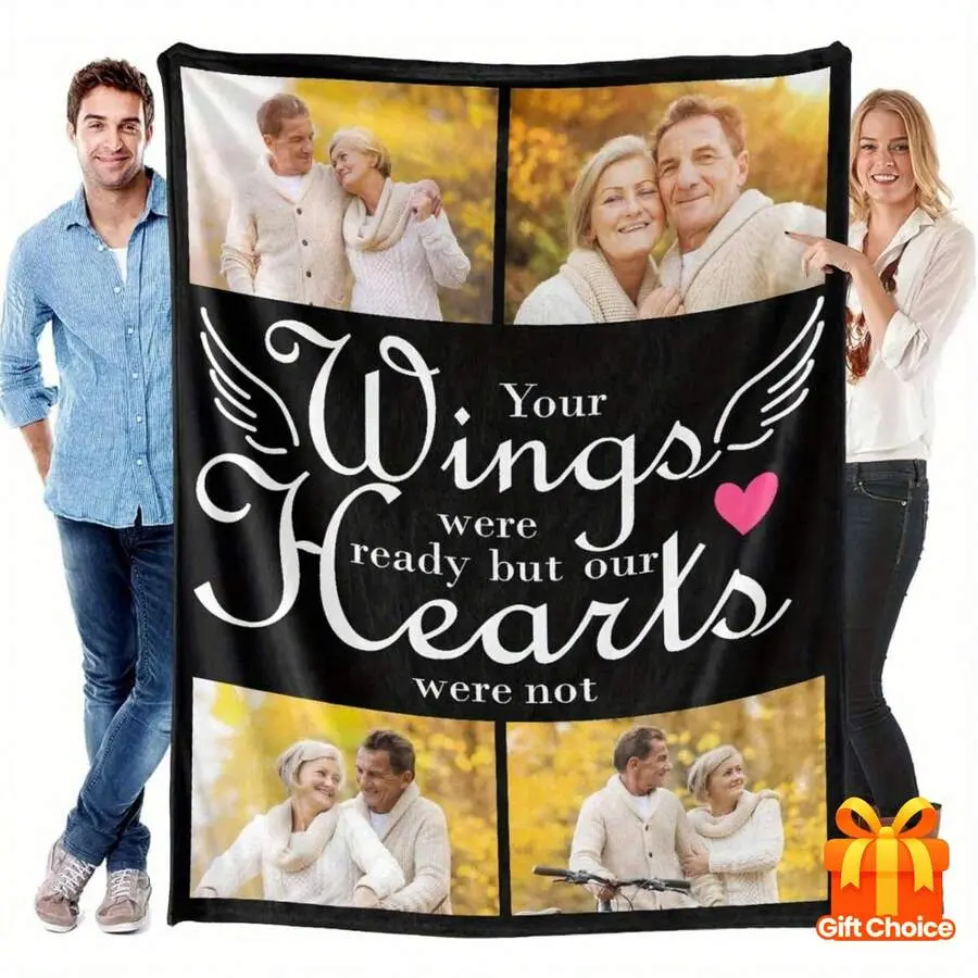 【Summer Sale Deals】Customized Wrinkle-Resistant Flannel Blanket - Personalized In Loving Memory All-Seasons AC Throw, Room Decor, House Decor, Wedding Gift for Grandparents, with 1-9 Couple Photos, Angel Wings, Custom Text
