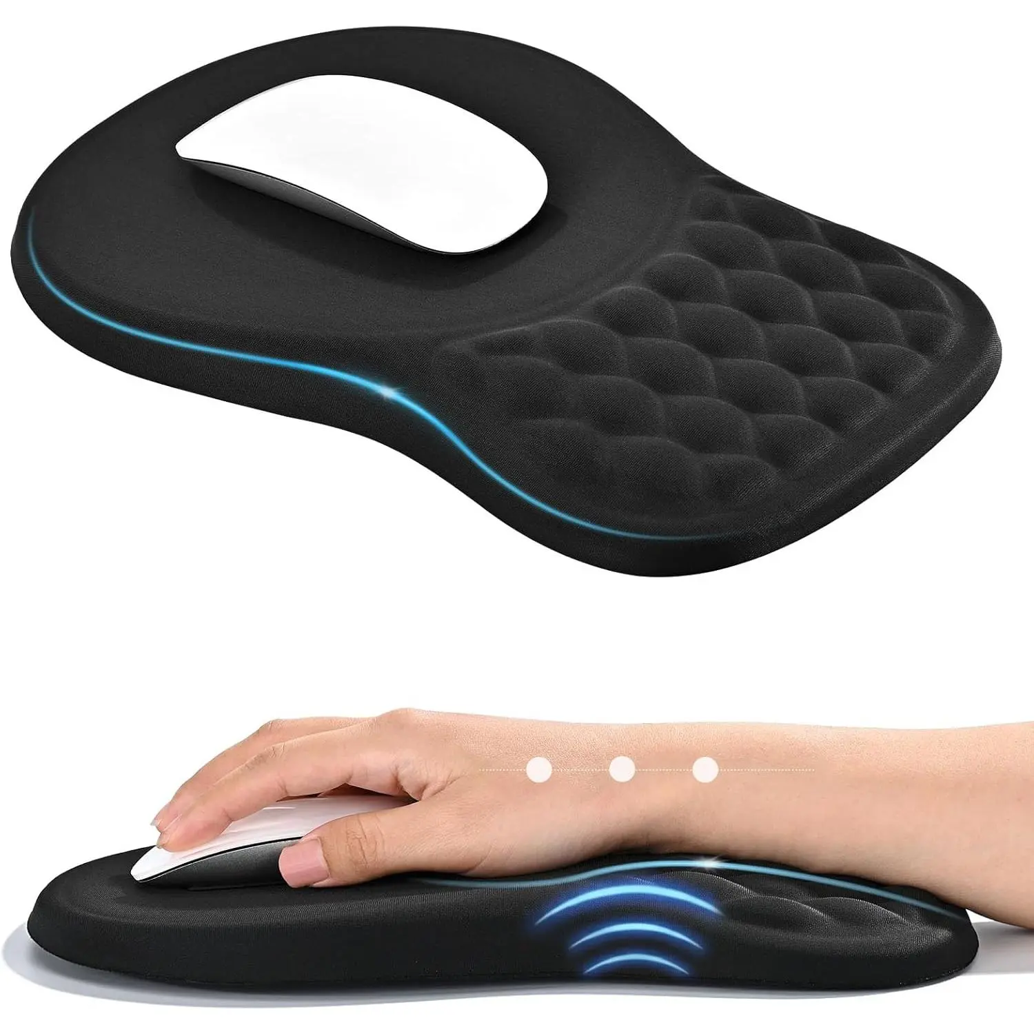 Ergonomic Ambidextrous Fabric Computer Mouse Pad (Mousepad) with Sweat-Free Cloud Wrist Rest - 11.2*7.5*0.98 in, Dual Slope Design for Desk Workers’ Carpal Tunnel Relief, Memory Foam Support, Non-Slip PU Base, Ultra-Smooth Lycra Fabric