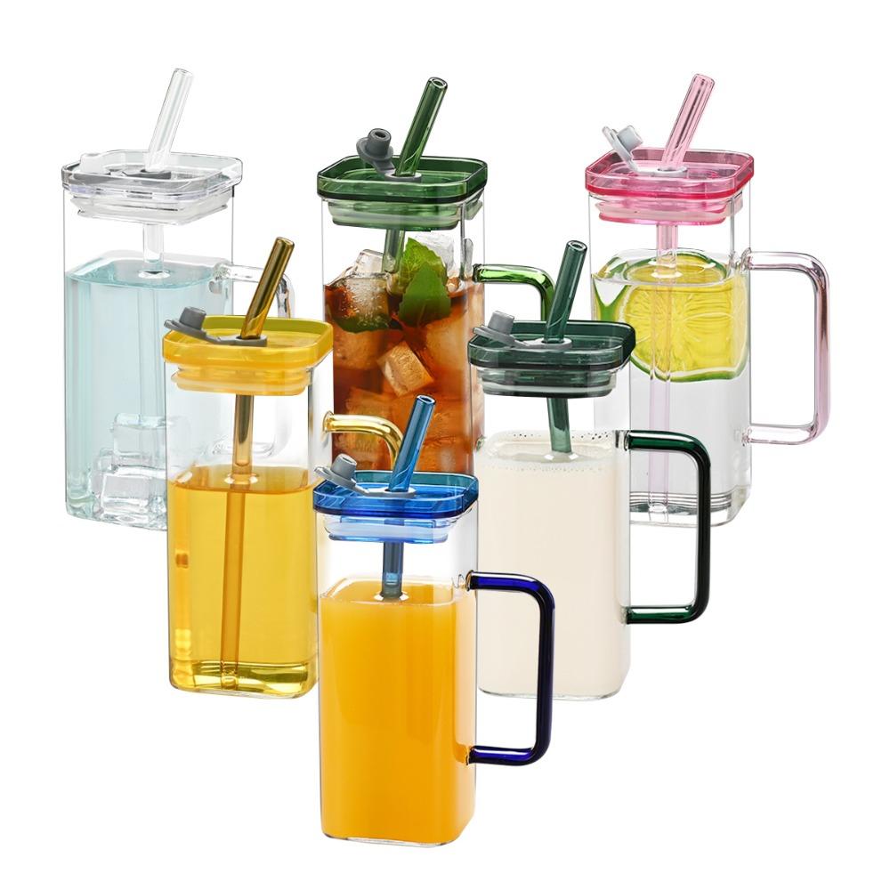 6 Sets Glass Cups with Lids & Straws, Square Drinking Glasses with Lids, Clear Highball Tumblers for Cocktail, Coffee, Juice, Beer, Modern Mixed Drinkware Jars
