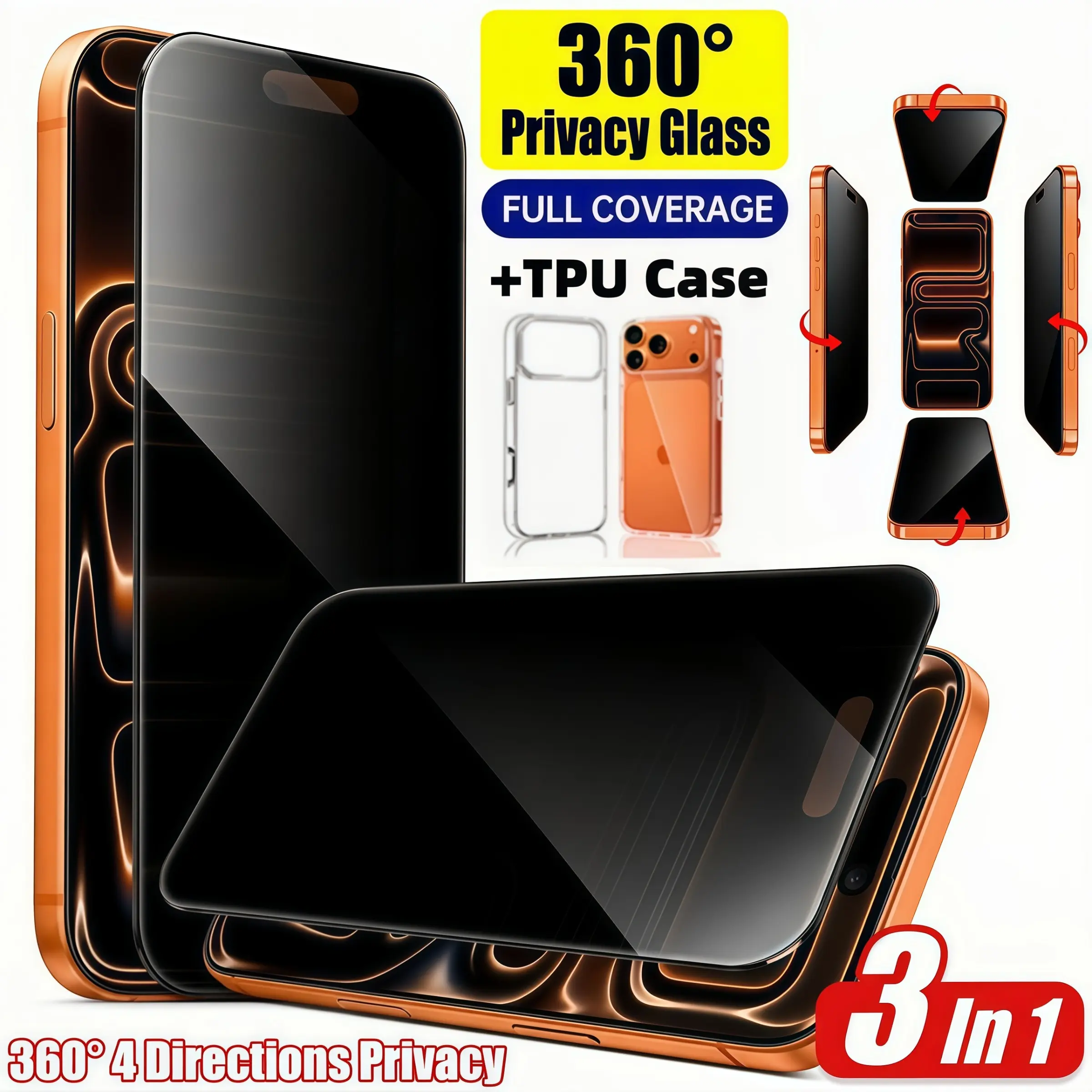2-Pack 360° 4-Way Anti-Spy Screen Protector and Tpu Case for iPhone Series, 9h Hardness, Full Coverage, Bubble-Free, Shell-Friendly