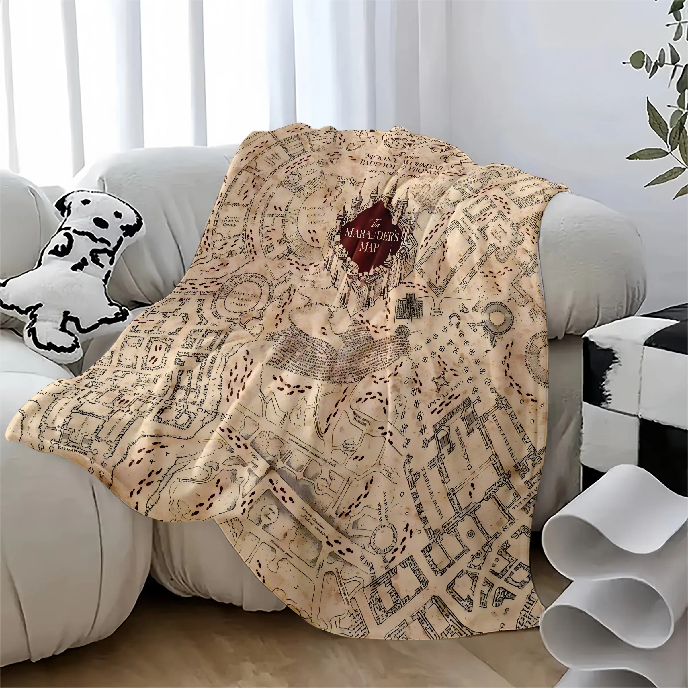 Vintage Marauder's Magic Map Plush Throw Blanket, Ultra-Soft Antique Wizard Castle Fleece, Nostalgic Magic Aesthetic, Gift for Movie Fans