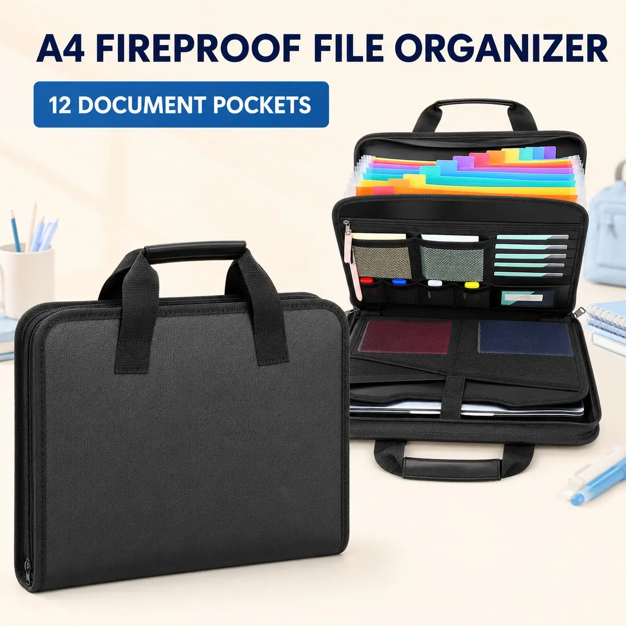 Fireproof File Folder with Handle, Large-Capacity A4 Document Bag, Document Storage Bag & Paper Organizer, Office Stationery & Supplies
