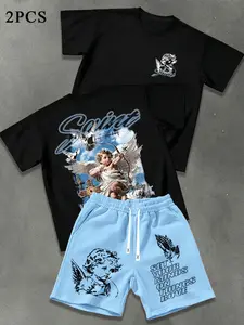 Men's Summer Angel Print 2-Piece Set, Round Neck Casual Short Sleeve Top + Loose Drawstring Shorts, Ideal for Outdoor Streetwear, Menswear