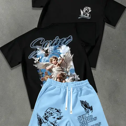 Men's Summer Angel Print 2-Piece Outfit Set, Casual Clothing Set, Round Neck Casual Short Sleeve Top and Loose Drawstring Shorts, Ideal for Outdoor Activities and Streetwear Clothes