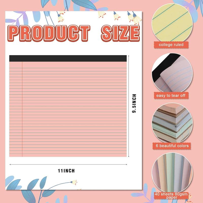 6 count 11" x 9.5" Legal Pads College Ruled Notepad Landscape Notebook Horizontal Lined Notebook 80 Gsm Assorted Colors Paper Pastel Writing Pads for School Office, 40 Sheet (Cute Color)