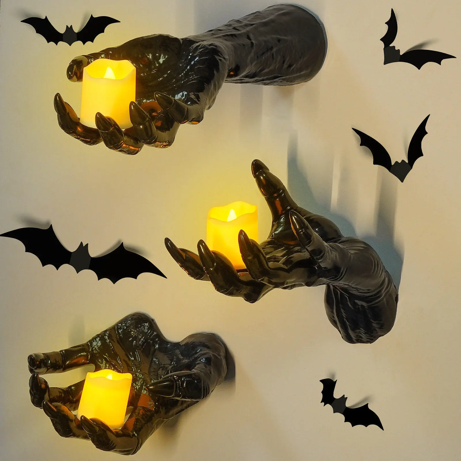 Horror Demon Hand Wall Hanging Candle Holder 3D Bat Decor Halloween Spooky Scene Ornament