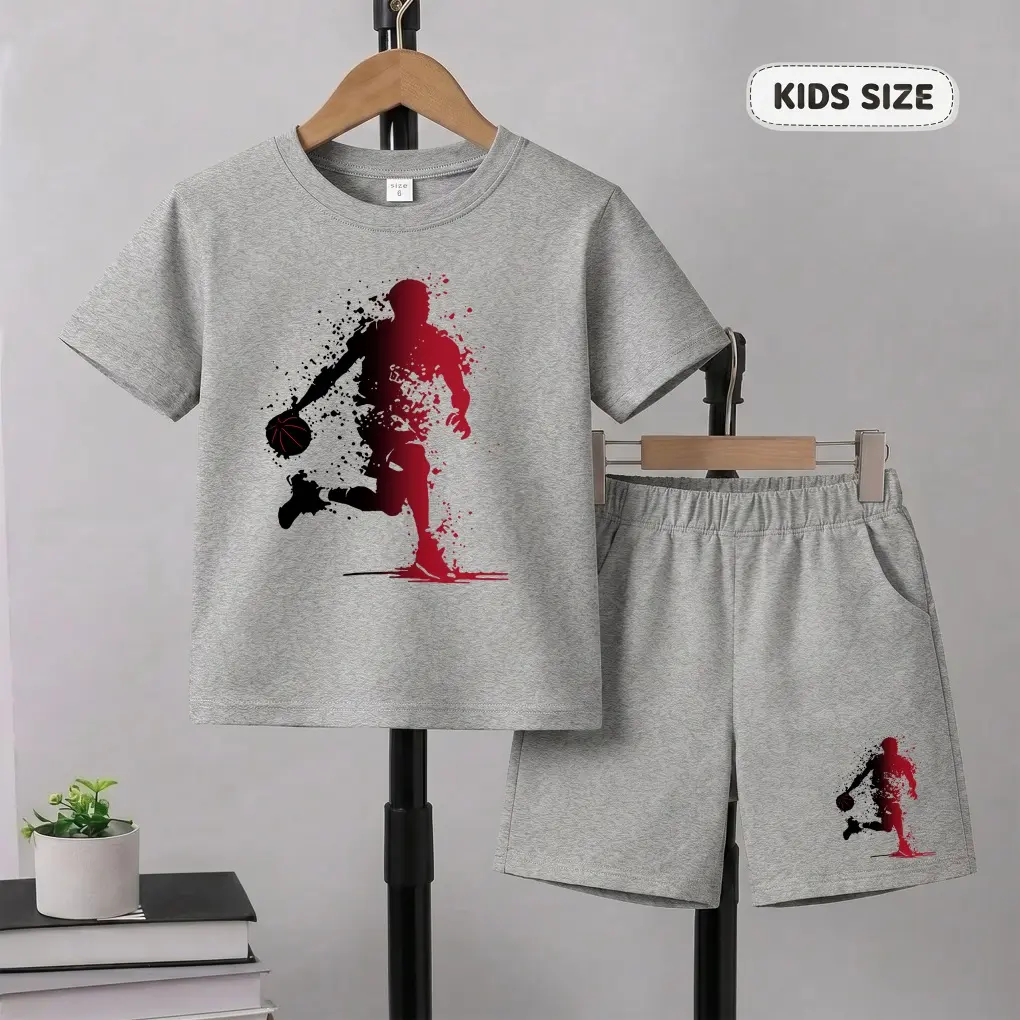 Boys’ 2-Piece Basketball Player Printed Short-Sleeve Crew Neck Shirt & Elastic Waist Shorts Set, Casual Summer Kids’ Outfit for Daily Wear & Outdoor Play, Sleeve Shirt And Shorts Boys' Sets