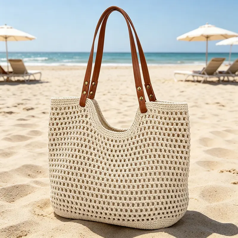 Crochet Tote Bag for Women, Hollow Out Knitted Mesh Shoulder Bag with Faux Leather Handles, Summer Beach Bag, Boho Woven Purse for Travel, Vacation, Shopping & Daily Use