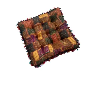 Boho Patchwork Seat Cushion, Multi-Use Comfortable Pad, Breathable Cotton Linen, Vintage Color Block Design, 42x42x7cm, Durable Handmade