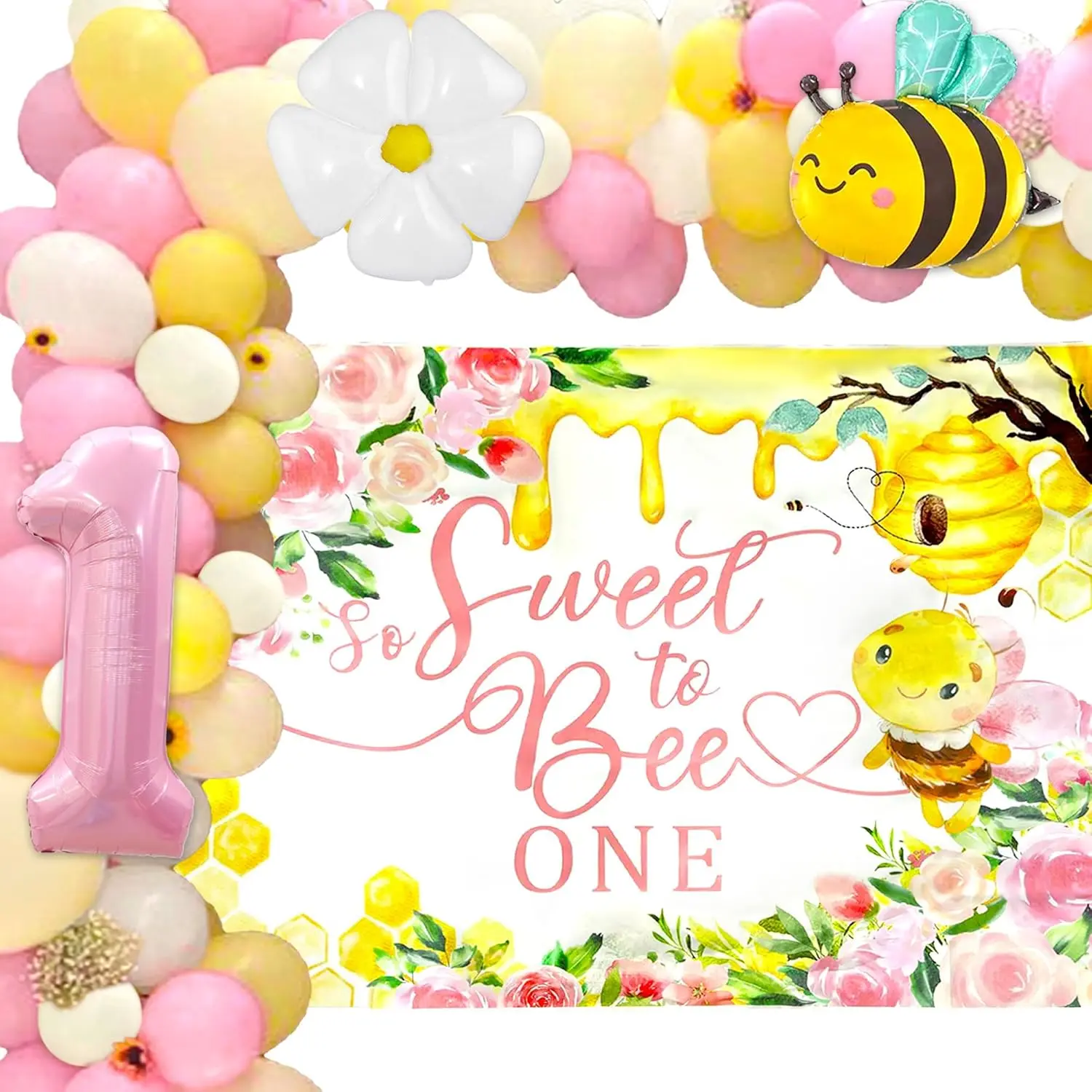 Pink Bumble Bee 1st Bee Day Backdrop - Girl’s Festive Party Supply with Balloon Decor, Solid Playful Birthday Banner, Baby Shower Ready (Birthday Backdrops & Banners Category)