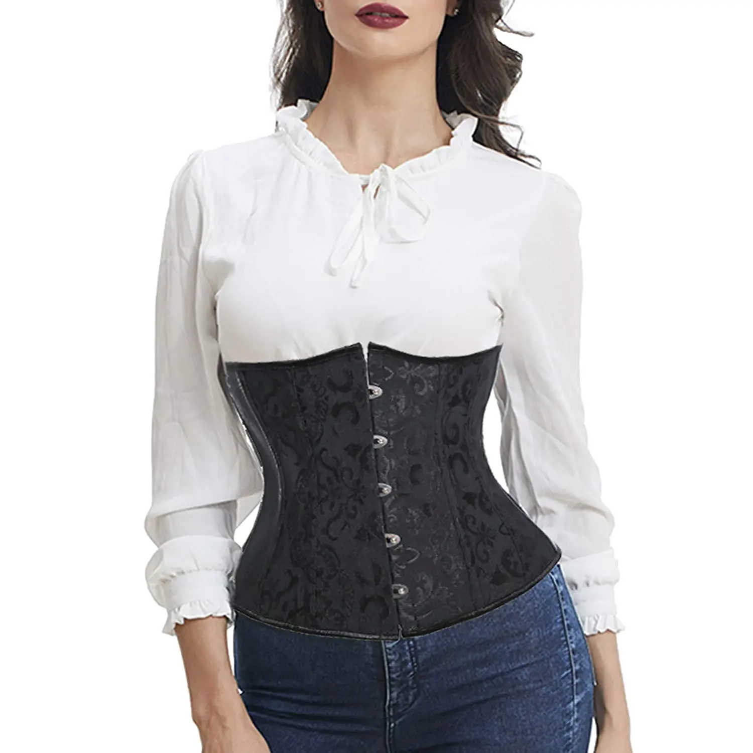 Women's Vintage Underbust Corset, Gothic Satin Spandex Waist Cincher with Adjustable Ribbon Lace-Up, Boned Shapewear Top for Party