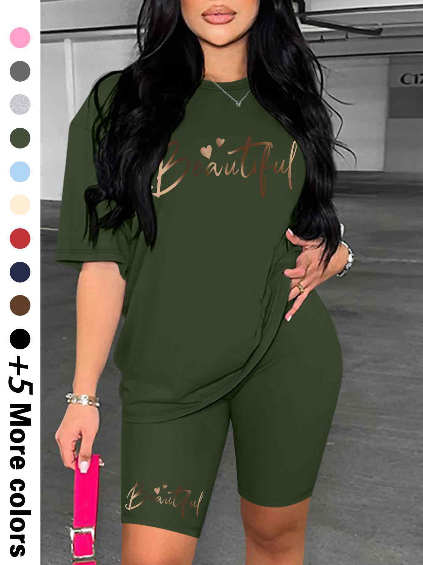 Two-Piece Set Women's Letter Print Crew Neck Tee & Skinny Shorts, Casual Fashion Cozy Round Neck Short Sleeve T-Shirt & Shorts for Daily Outdoor Wear, Ladies Summer Clothes