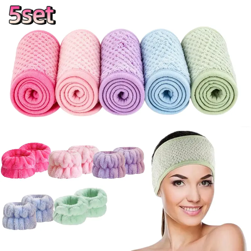 5pcs Spa Facial Headband Super Absorption Makeup Hair Wrap Adjustable Coral Fleece Hair Band Soft Towel Head Band for Face Washing Shower Sports