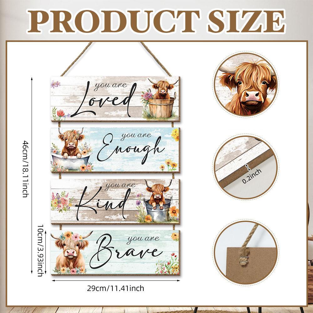 Highland Cow & Flower & Letter Pattern Wooden Sign, Vintage Plaque Decor, 4 Counts/set Farmhouse Themed Wall Hanging Ornament, Wall Decor for Home Living Room Bedroom Kitchen