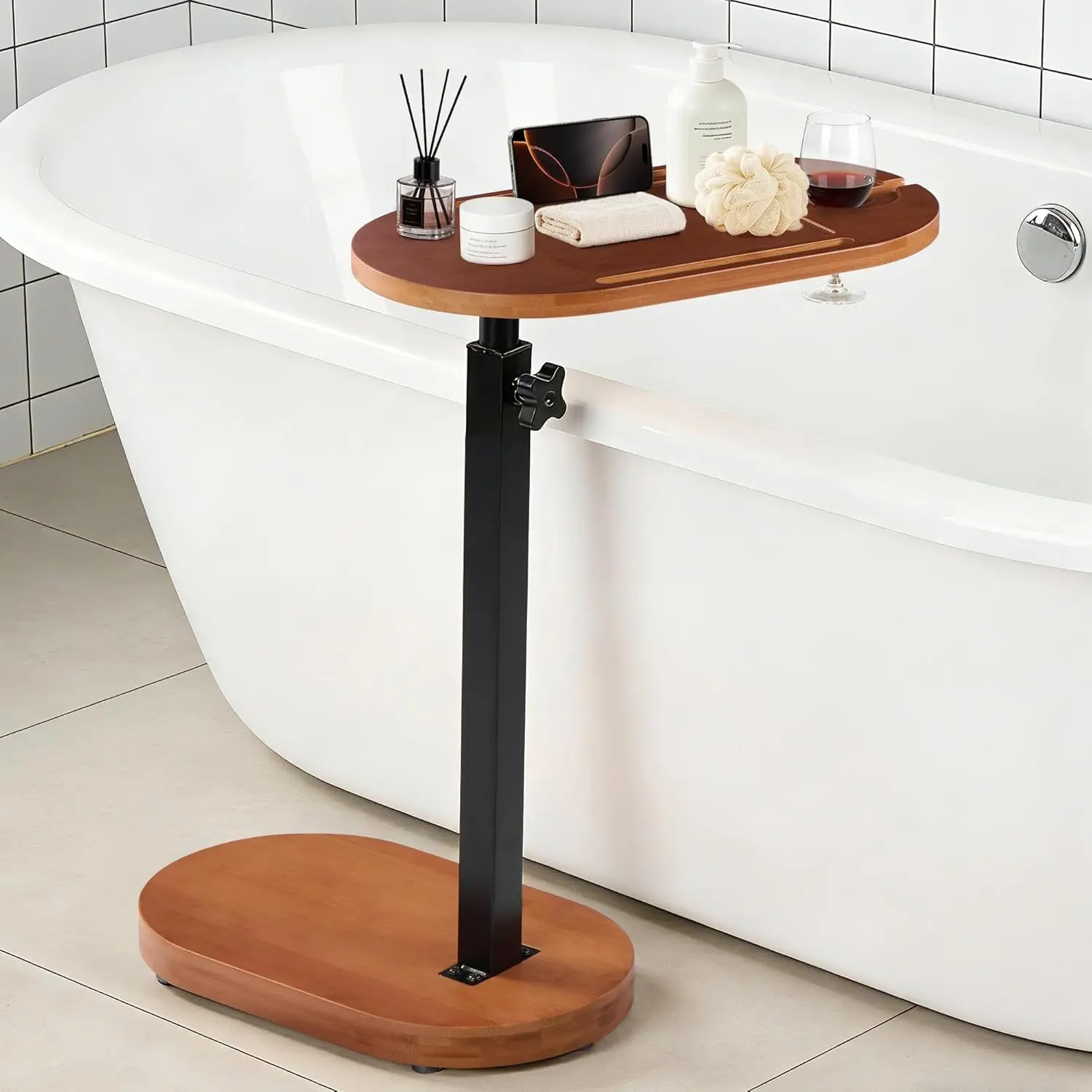 Bamboo Bathtub Side Table, Height Adjustable Bath Caddy Tray | Freestanding 360° Swivel Tub Tray Table, Wine Glass Holder, Phone Groove, Bathroom Spa Storage Organizer for Women’s Home