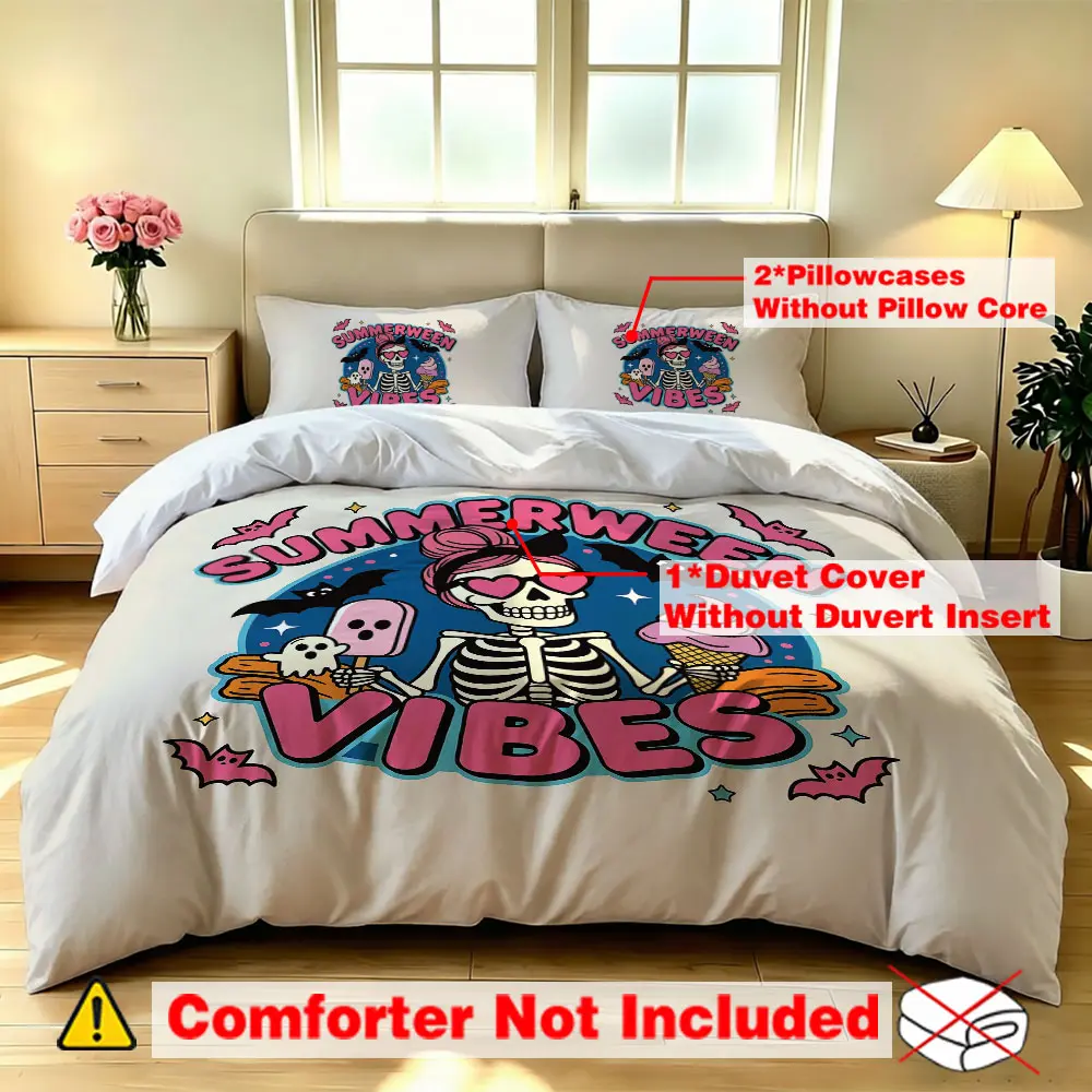 3pcs SUMMERWEEN VIBES skeleton-patterned bedding set (one bedding cover, two pillowcases) without filling, suitable for single beds, double beds, and bedrooms, student dormitories, e-sports hotels, and gift-giving occasions.