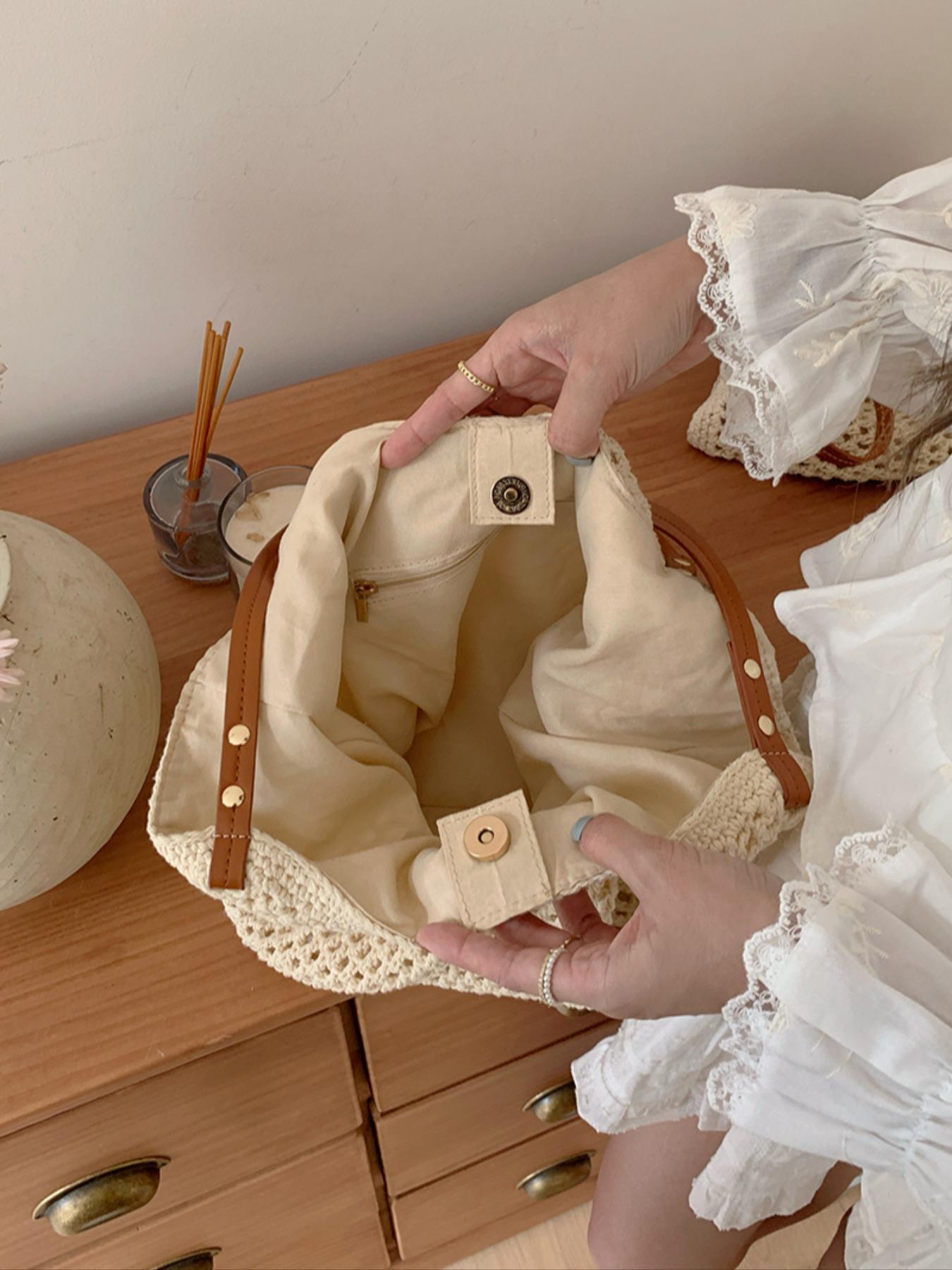 Women's Solid Color Crochet Shoulder Bag, Large Capacity Boho Straw Bag, Casual Trendy Versatile High-quality Daily Commuting Bag, Girl Fashionable Shopping Bag